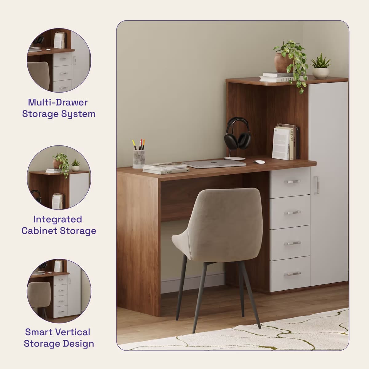 Engineered Wood Study Table – Columbian Walnut & Frosty White - hover