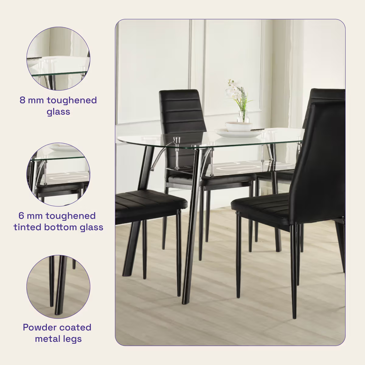 Rosemary 4 Seater Glass & Metal Dining Set - hover