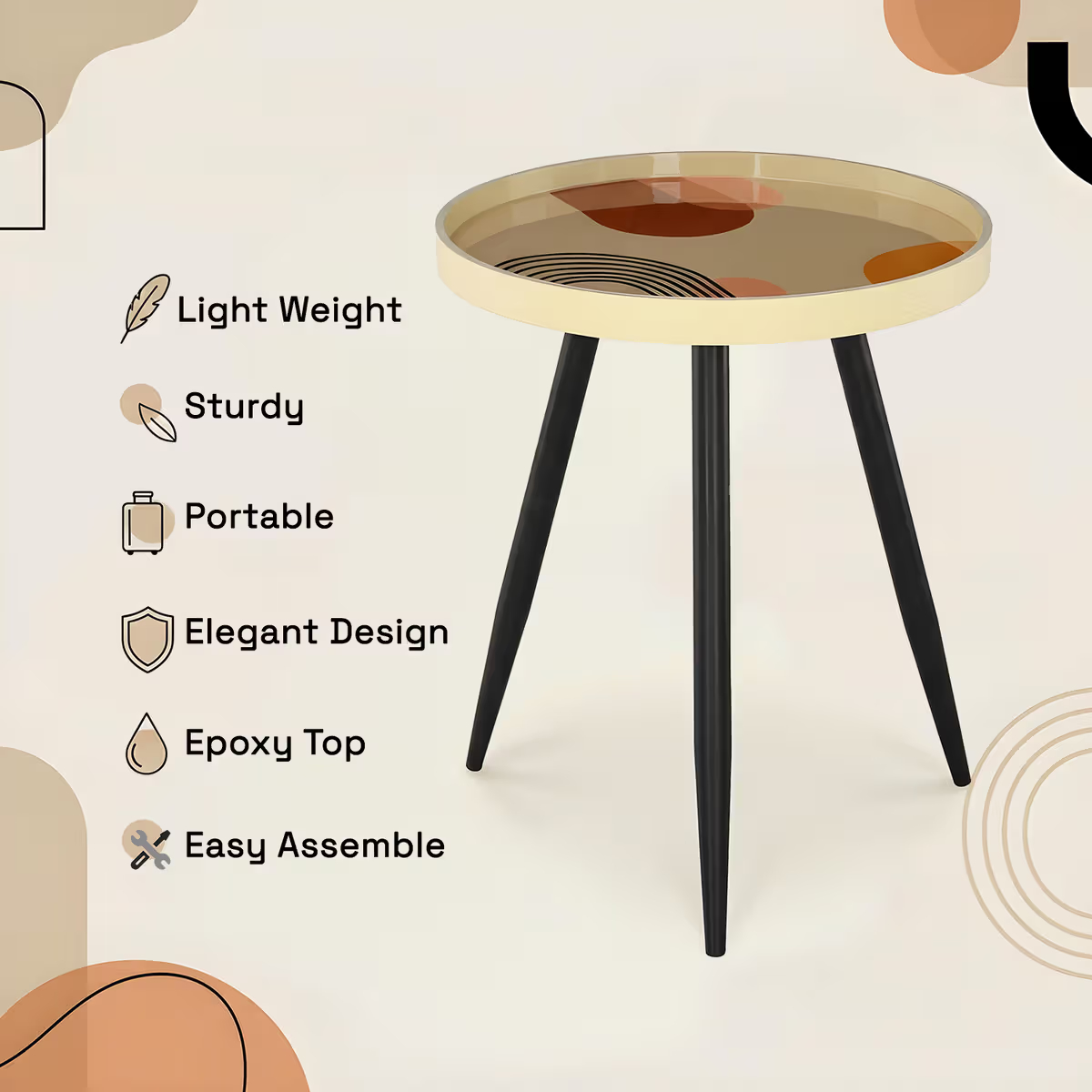 Printed Round Side Table with Multicolour Top