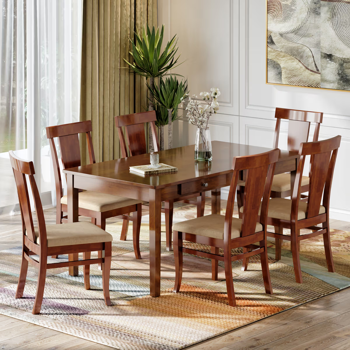 Ziti 6-seater solid wood dining set With Cushion - Omega Pearl